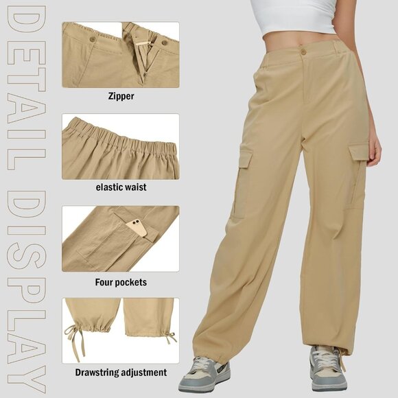 Women's Stretchy Baggy Parachute Pants - High Waist White Joggers with Pockets - Picture 5 of 6